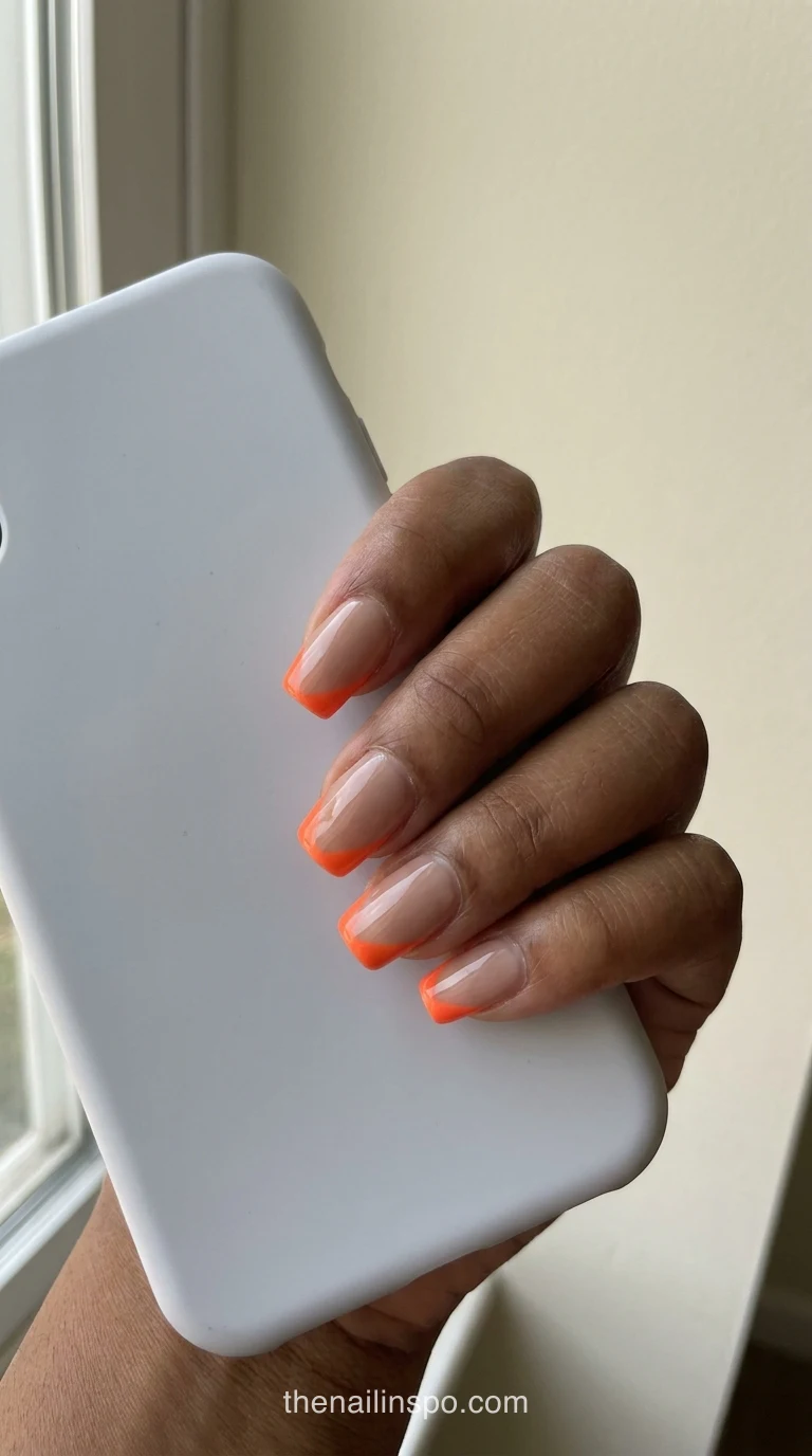 Tangerine Neon Medium Square Side French Nails