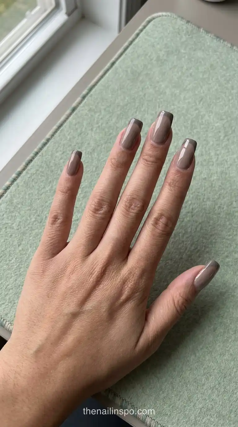 Taupe Gloss Long Square Tonal Tip Nails