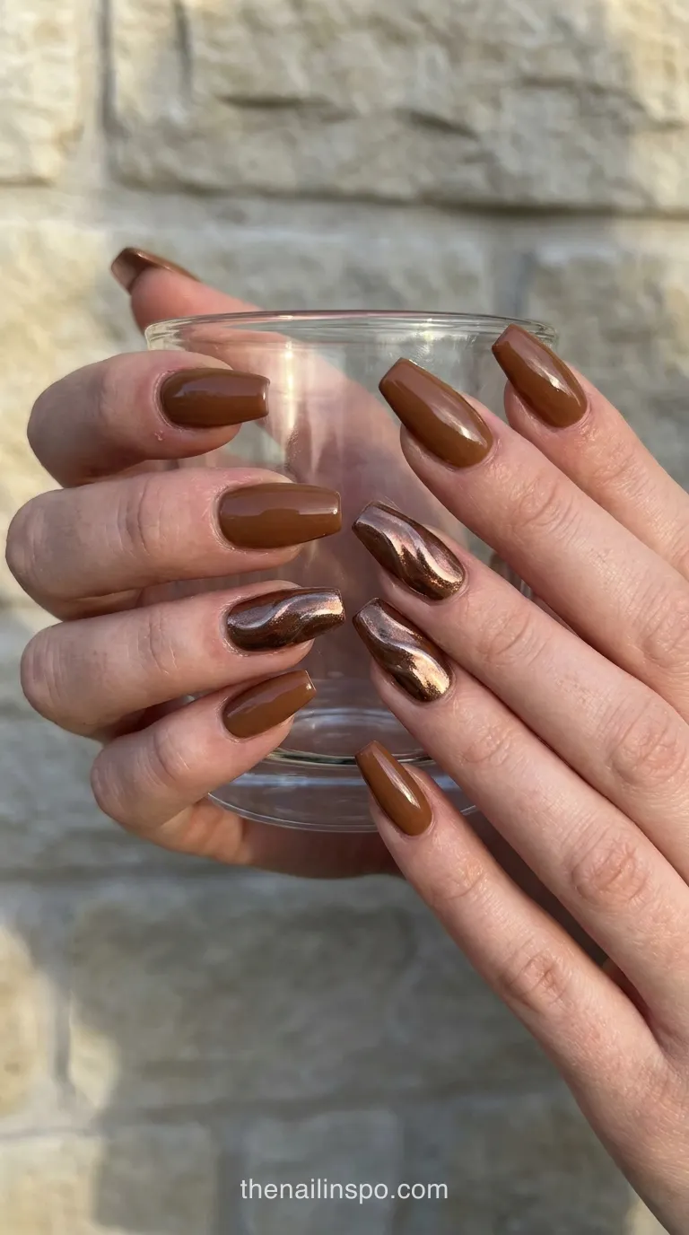 Toffee Chrome Waves Medium Coffin Nails