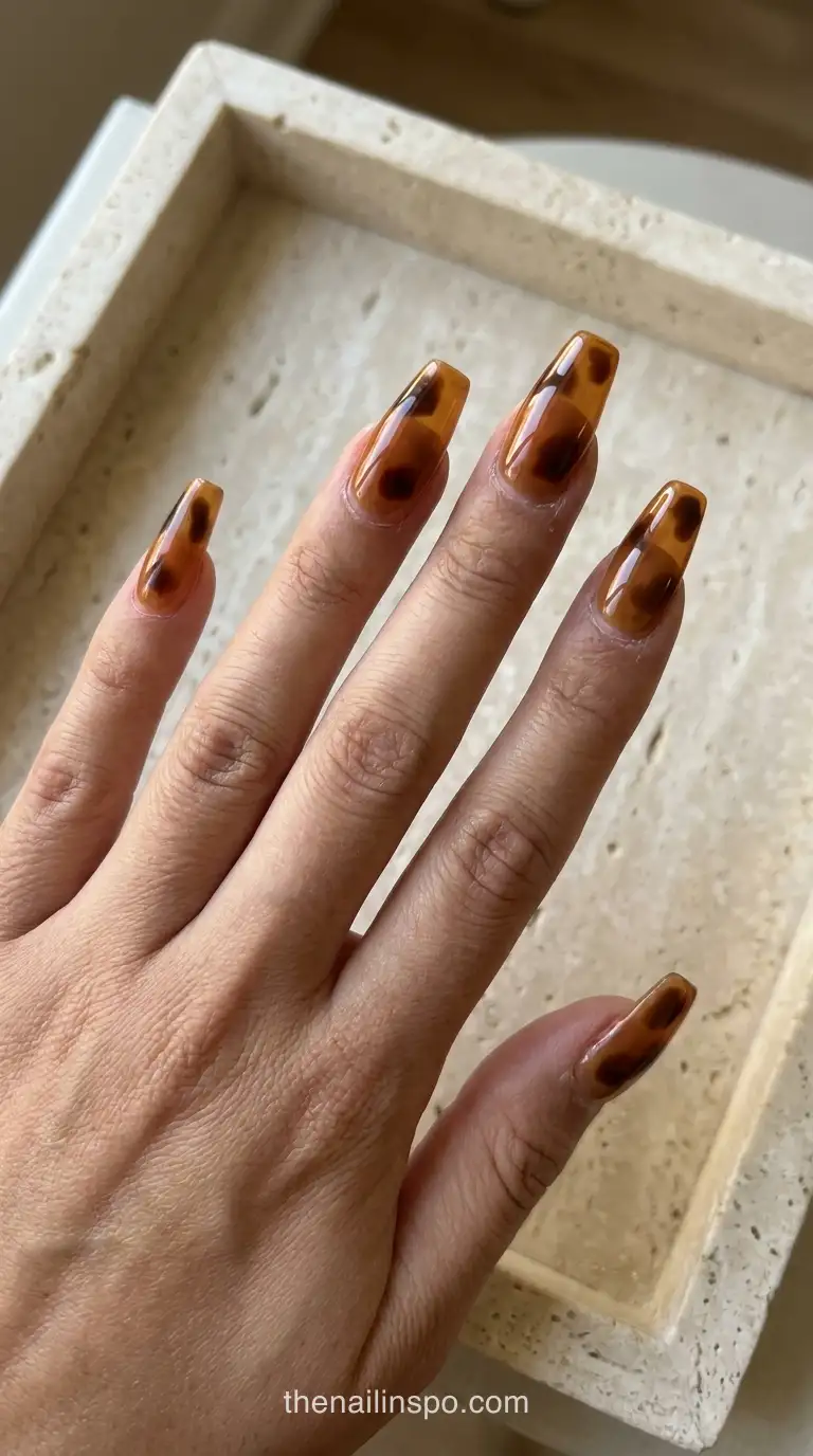 Tortoiseshell Jelly Long Coffin Nails