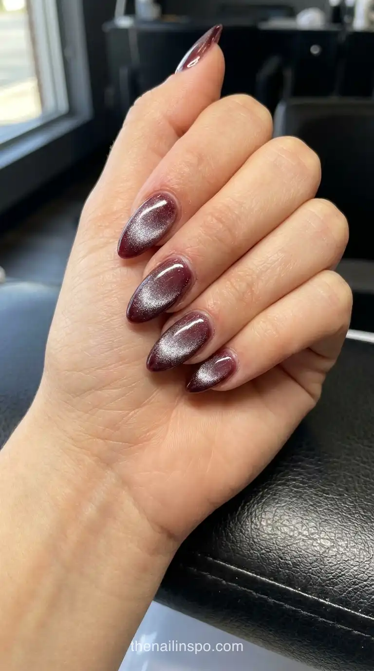 Wine Velvet Cateye Almond Nails
